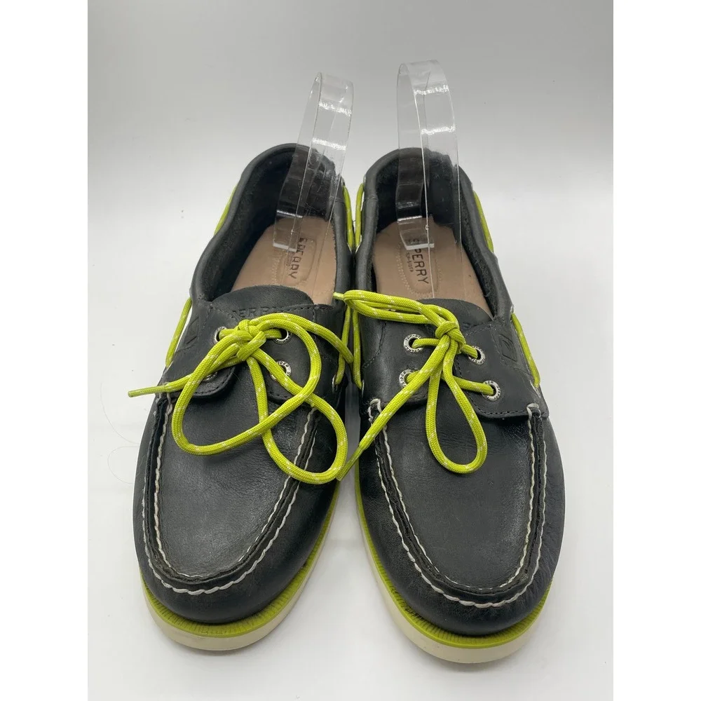 Sperry Top-Sider Mens 8.5M Black Leather Boat Shoes Neon Lime Green 0773028